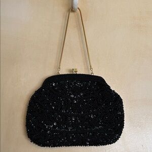Vintage Black Beaded Evening Handbag with Gold Chain